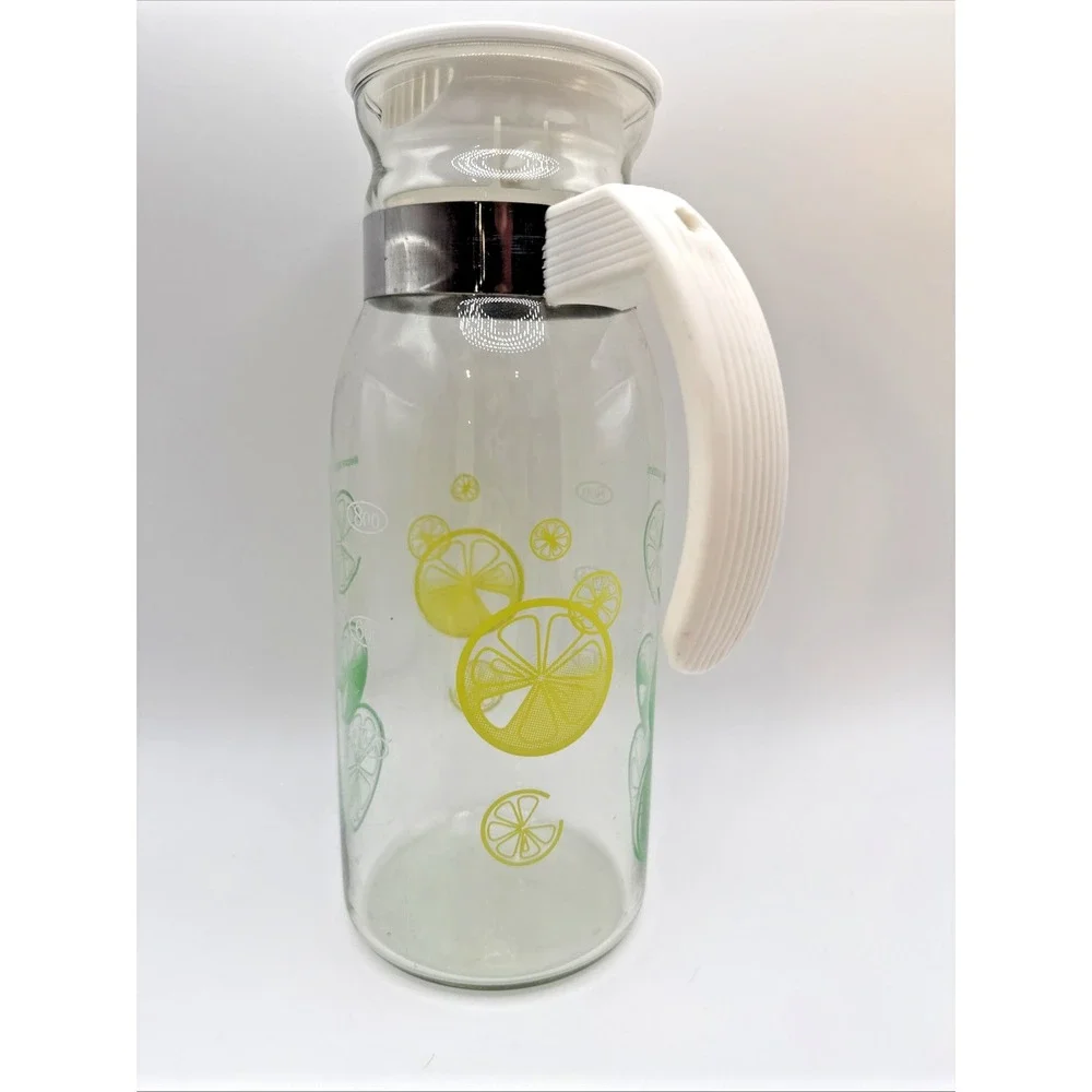 Vintage Pyrex Lemon Lime Pitcher Carafe Lid Strainer 1 Qt Welcome Degustation